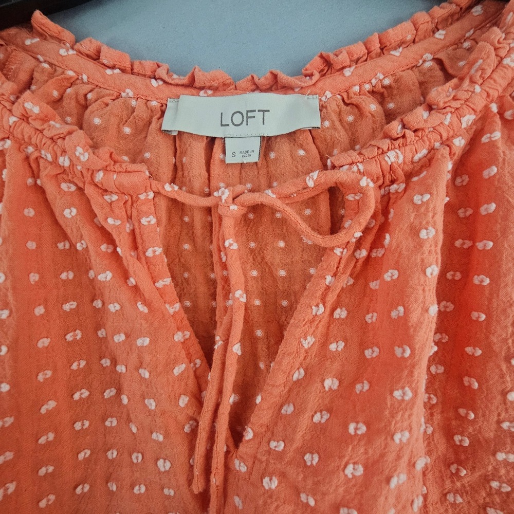 LOFT S Small Coral Swiss Dot 3/4 Sleeve Drawstring V-Neck Shirt L737 - Picture 6 of 6